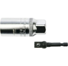 Capăt de cheie tubulară argintiu din crom-vanadiu cu moletare și un adaptor de biți negru.