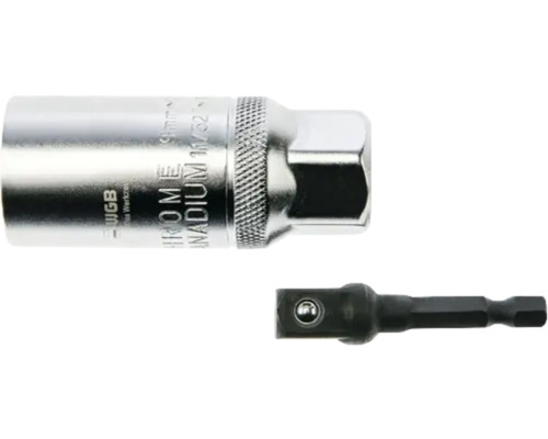 Capăt de cheie tubulară argintiu din crom-vanadiu cu moletare și un adaptor de biți negru.