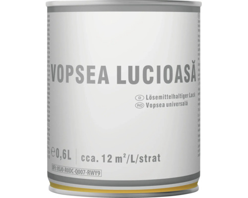 Vopsea lucioasă pe bază de solvent 0,6 litri consum circa 12 metri pătrați pe litru pe strat