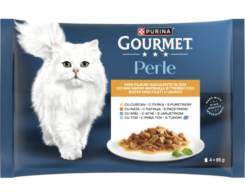 Purina Gourmet Perle hrană pentru pisici multipack cu mini fileuri în sos, 4 porții de 85 grame, Purina Logo, Fabricat cu ingrediente de înaltă calitate.
