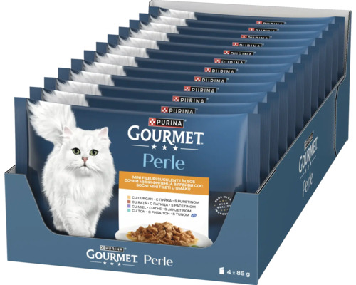 Purina Gourmet Perle hrană umedă pentru pisici multipack, diverse sortimente în sos, pliculețe de 85 grame.