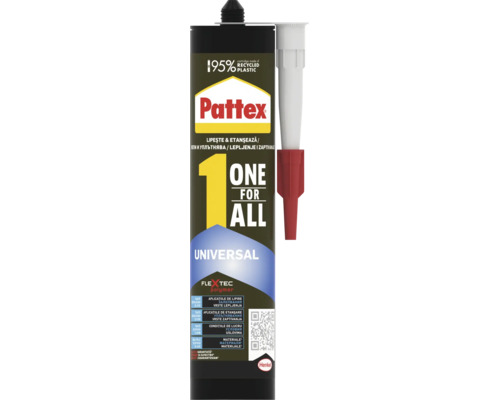 Adeziv și etanșant Pattex One For All Universal, cartuș din 95 la sută plastic reciclat cu duză. Logo Henkel.