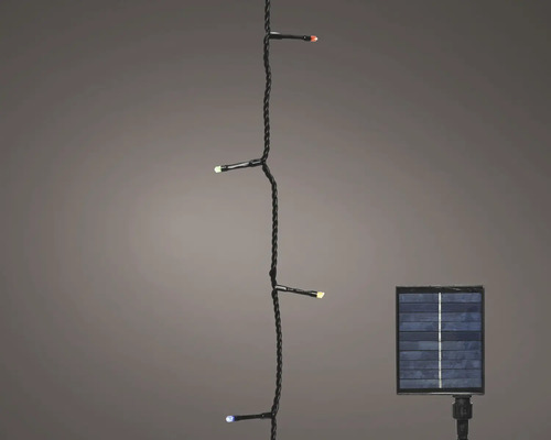 Ghirlandă luminoasă solară cu LED-uri, cablu închis la culoare și panou solar separat pentru exterior.