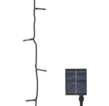 Ghirlandă luminoasă LED solară cu cablu negru, lumini colorate și panou solar pătrat.