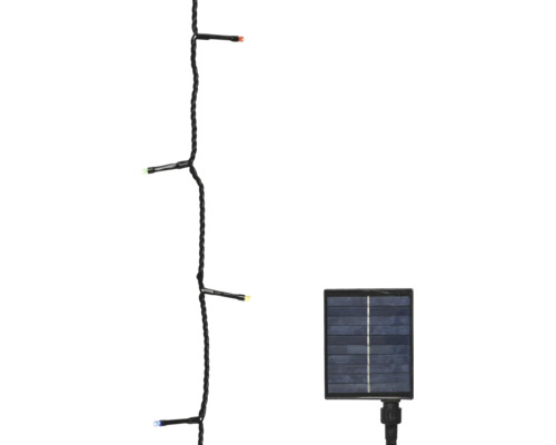 Ghirlandă luminoasă LED solară cu cablu negru, lumini colorate și panou solar pătrat.