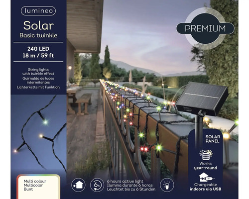Ghirlandă luminoasă solară Lumineo cu 240 de leduri multicolore, lungime 18 metri, efect de sclipire, panou solar și conexiune USB.