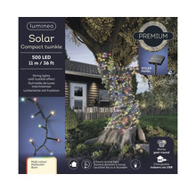 Logo Lumineo. Ghirlandă solară cu 500 LED-uri multicolore, 11 metri, efect sclipitor, panou solar, încărcare USB, utilizabilă tot anul, pe un copac.