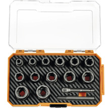Set de extractoare de șuruburi într-o cutie de plastic portocalie cu inserție de spumă și capac transparent.