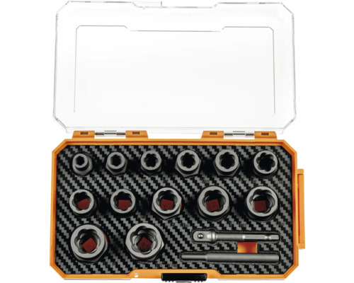 Set de extractoare de șuruburi într-o cutie de plastic portocalie cu inserție de spumă și capac transparent.