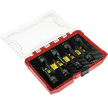 Set capete tubulare multidinți din oțel crom-molibden în cutie de plastic roșie cu capac transparent, 8 piese, dimensiuni M5 la M18.