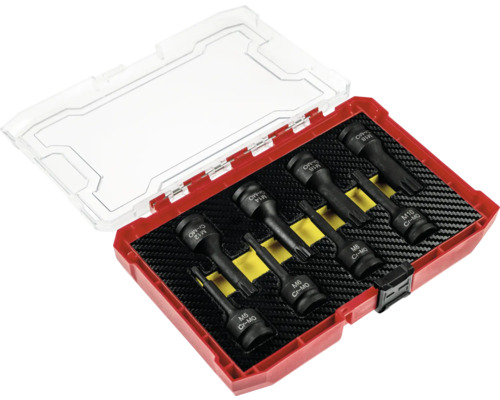 Set capete tubulare multidinți din oțel crom-molibden în cutie de plastic roșie cu capac transparent, 8 piese, dimensiuni M5 la M18.