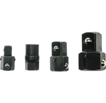Patru adaptoare negre din metal pentru chei tubulare, de dimensiuni diferite, cu blocare prin bilă.