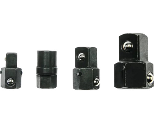 Patru adaptoare negre din metal pentru chei tubulare, de dimensiuni diferite, cu blocare prin bilă.