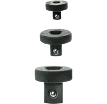 Set de trei piese adaptoare metalice cu rotiță moletată pentru chei tubulare de diferite dimensiuni.