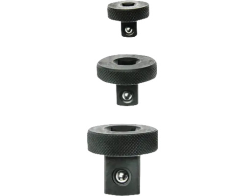 Set de trei piese adaptoare metalice cu rotiță moletată pentru chei tubulare de diferite dimensiuni.