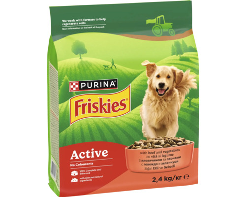 Purina Friskies Active hrană uscată pentru câini cu vită și legume, pachet de 2,4 kilograme.