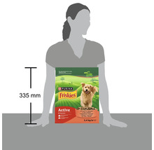 Hrană pentru câini Purina Friskies Active cu vită și legume, pachet de 2,4 kilograme, înălțime 335 milimetri în scară.