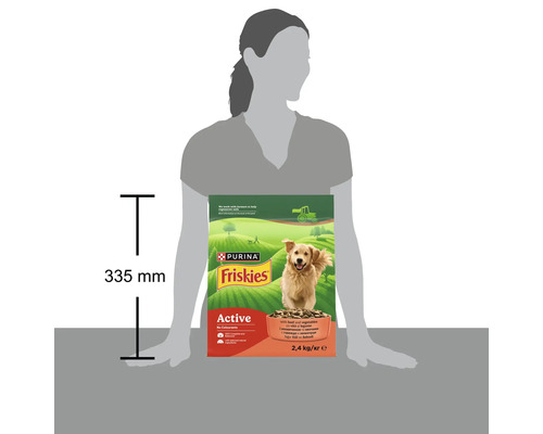 Hrană pentru câini Purina Friskies Active cu vită și legume, pachet de 2,4 kilograme, înălțime 335 milimetri în scară.