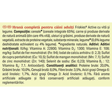 Compoziția și ingredientele hranei pentru câini adulți Friskies Active cu vită și legume în limba română.
