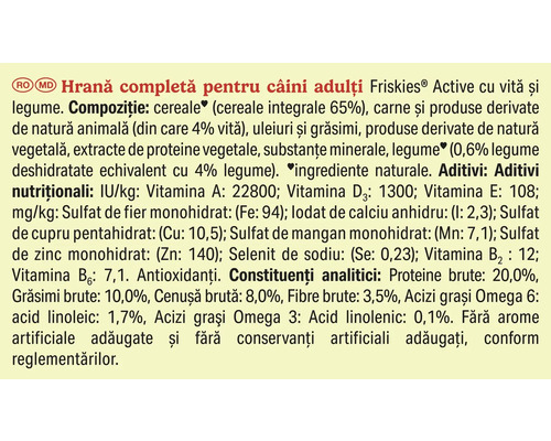 Compoziția și ingredientele hranei pentru câini adulți Friskies Active cu vită și legume în limba română.