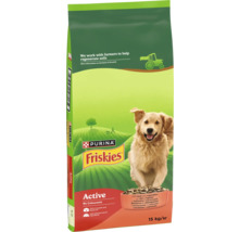 Hrană uscată pentru câini Purina Friskies Active cu vită și legume în sac de 15 kilograme, cu un Golden Retriever.