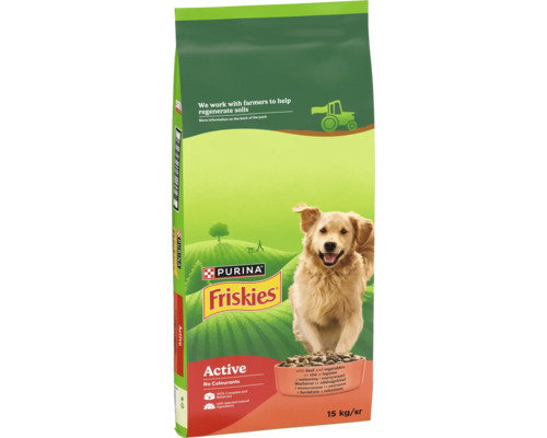 Hrană uscată pentru câini Purina Friskies Active cu vită și legume în sac de 15 kilograme, cu un Golden Retriever.