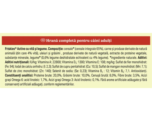 Ingrediente și informații nutriționale pentru hrana pentru câini Friskies Active în limba română