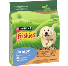 Hrană pentru căței Purina Friskies Junior cu pui, legume și lapte, 2,4 kilograme, fără coloranți, 100 la sută completă și echilibrată.