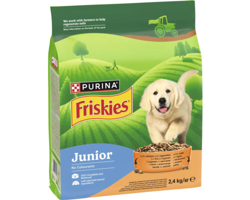 Hrană pentru căței Purina Friskies Junior cu pui, legume și lapte, 2,4 kilograme, fără coloranți, 100 la sută completă și echilibrată.