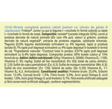 Informații despre produs pentru hrana completă Friskies Junior pentru căței de peste 6 săptămâni, cu pui, legume și lapte.
