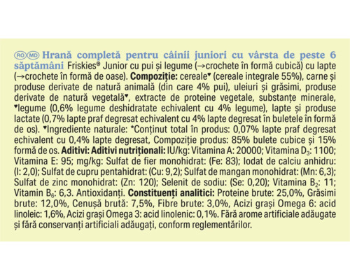 Informații despre produs pentru hrana completă Friskies Junior pentru căței de peste 6 săptămâni, cu pui, legume și lapte.
