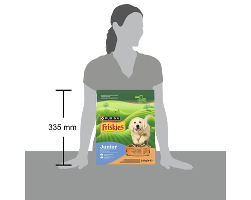 Hrană pentru câini Purina Friskies Junior, pachet de 2,4 kilograme, înălțime 335 milimetri, prezentată lângă o siluetă pentru scară.