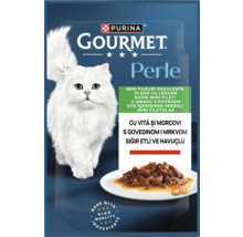 Purina Logo, Gourmet Logo, hrană Purina Gourmet Perle, mini fileuri cu vită și morcovi în sos, pisică albă, ingrediente de înaltă calitate.