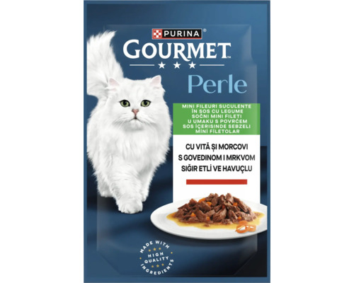 Purina Logo, Gourmet Logo, hrană Purina Gourmet Perle, mini fileuri cu vită și morcovi în sos, pisică albă, ingrediente de înaltă calitate.