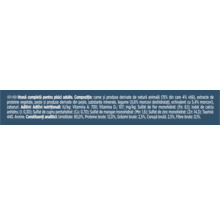 Lista detaliată a ingredientelor și a constituenților analitici pentru hrana completă pentru pisici adulte.