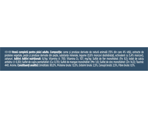 Lista detaliată a ingredientelor și a constituenților analitici pentru hrana completă pentru pisici adulte.
