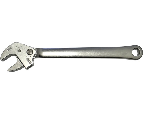Cheie reglabilă din metal cu reglaj prin buton și orificiu de agățare.