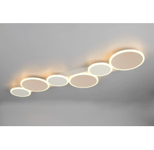 Plafonieră LED modernă cu șase elemente luminoase circulare de dimensiuni diferite, dispuse în rând.