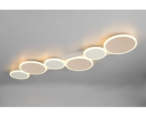 Plafonieră LED modernă cu șase elemente luminoase circulare de dimensiuni diferite, dispuse în rând.