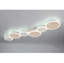 Plafonieră modernă cu LED cu șase elemente luminoase circulare de dimensiuni diferite dispuse în linie.