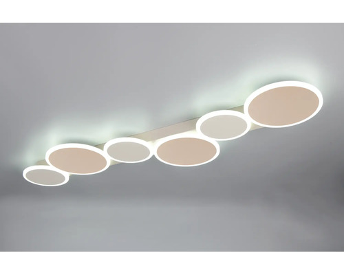 Plafonieră modernă cu LED cu șase elemente luminoase circulare de dimensiuni diferite dispuse în linie.