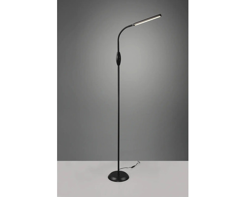 Lampadar LED negru modern cu braț flexibil și bază rotundă.