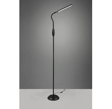Lampă de podea modernă cu LED, neagră, cu gât flexibil și bază rotundă.