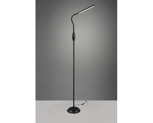 Lampă de podea modernă cu LED, neagră, cu gât flexibil și bază rotundă.