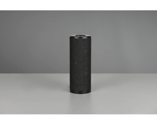 Lampă de masă cilindrică din metal negru cu perforații fine pentru efecte decorative de lumină.
