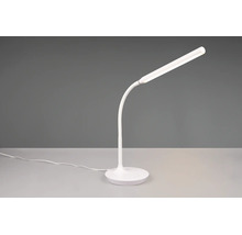 Lampă de birou cu LED albă cu gât flexibil și bază rotundă.