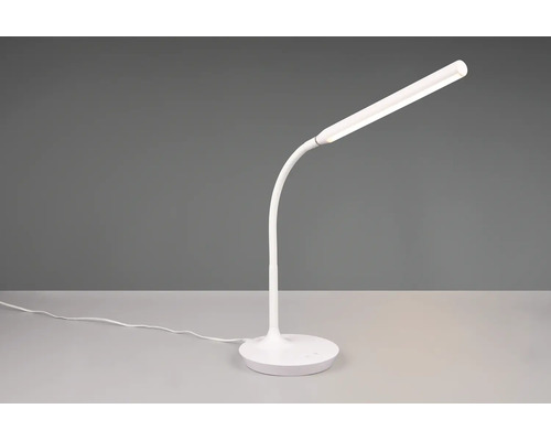 Lampă de birou cu LED albă cu gât flexibil și bază rotundă.