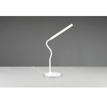 Lampă de birou cu LED albă cu gât flexibil și bază rotundă.