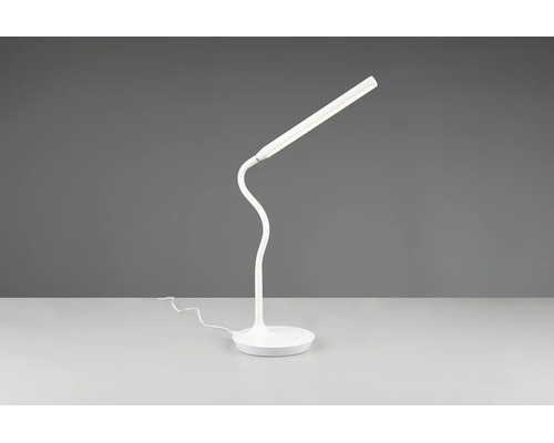 Lampă de birou cu LED albă cu gât flexibil și bază rotundă.