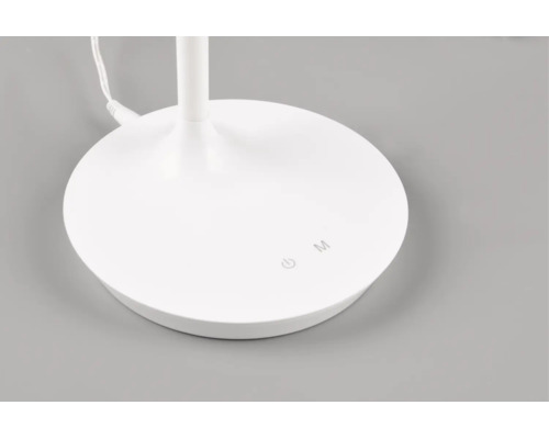 Baza rotundă a unei lămpi de birou albe cu butoane tactile pentru pornire, oprire și selectarea modului.